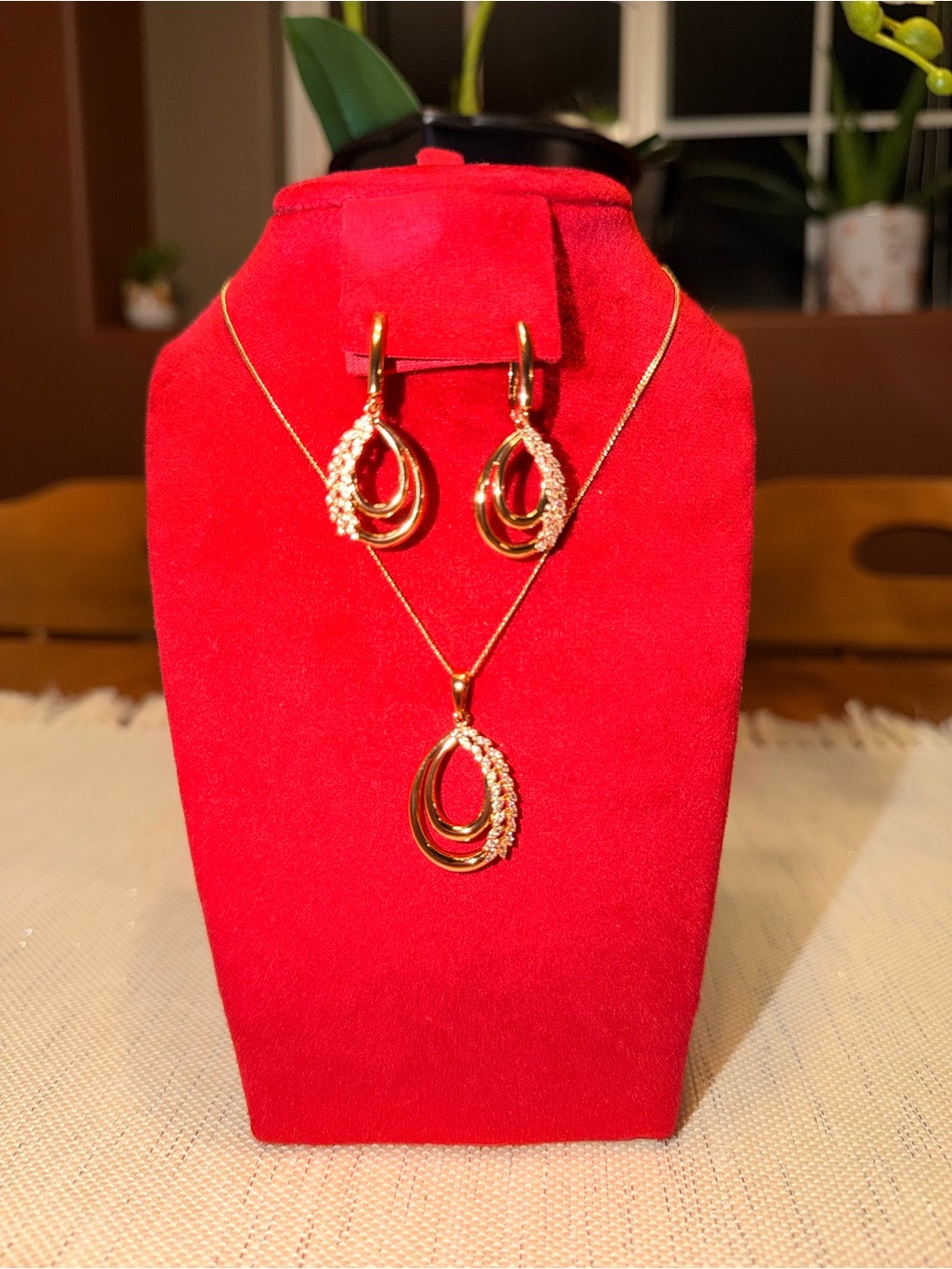 Rose Gold-Tone Teardrop Pendant Necklace and Earring Set - rose gold